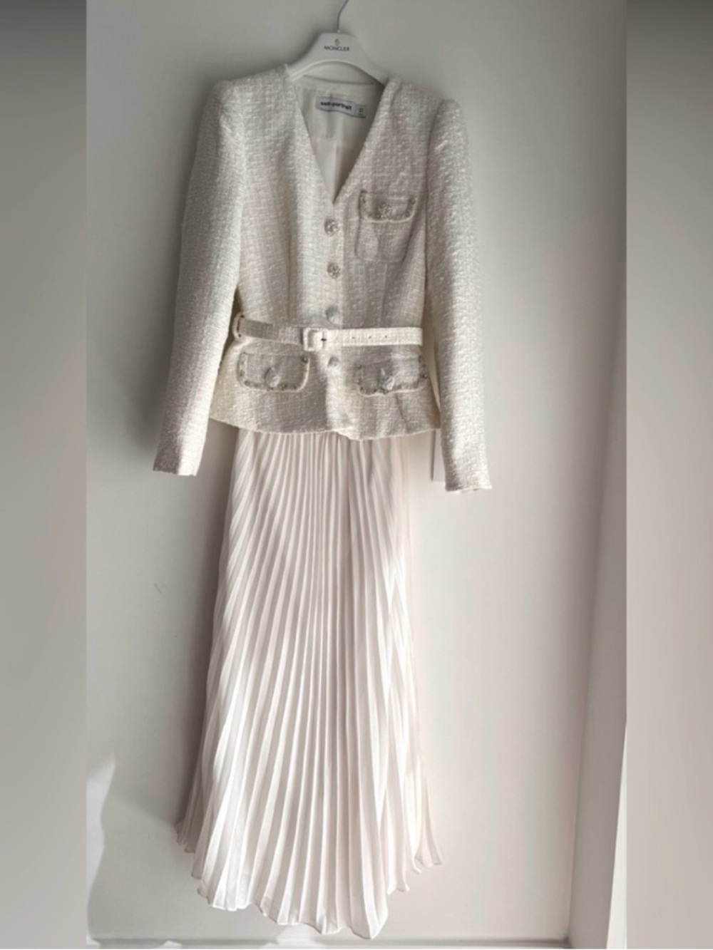 Self-Portrait pleated georgette and sequin-embellished metallic boucle midi dres